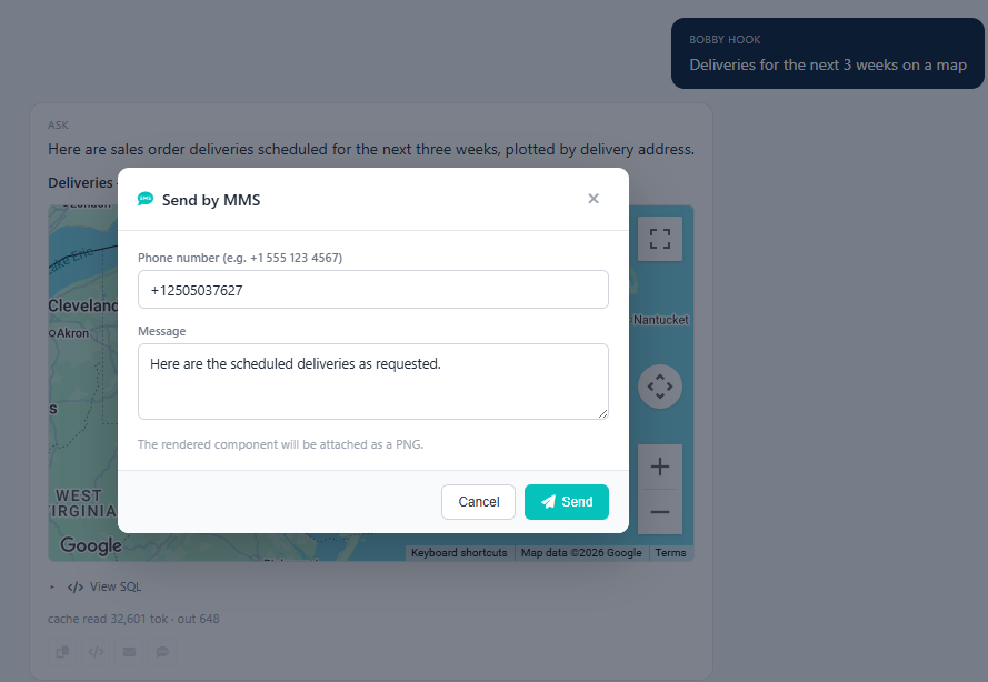 Email delivery modal open under an Ask answer with recipient, subject, and message fields, and a Send button