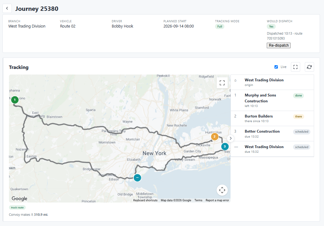 A Convoy journey showing the route on a map, the vehicle's position, and each stop marked done, there or scheduled