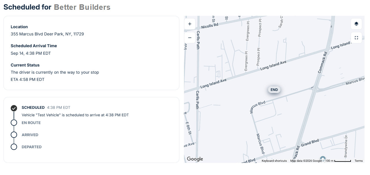 The customer-facing tracking page, showing the scheduled arrival time, current driver status, live ETA and a map