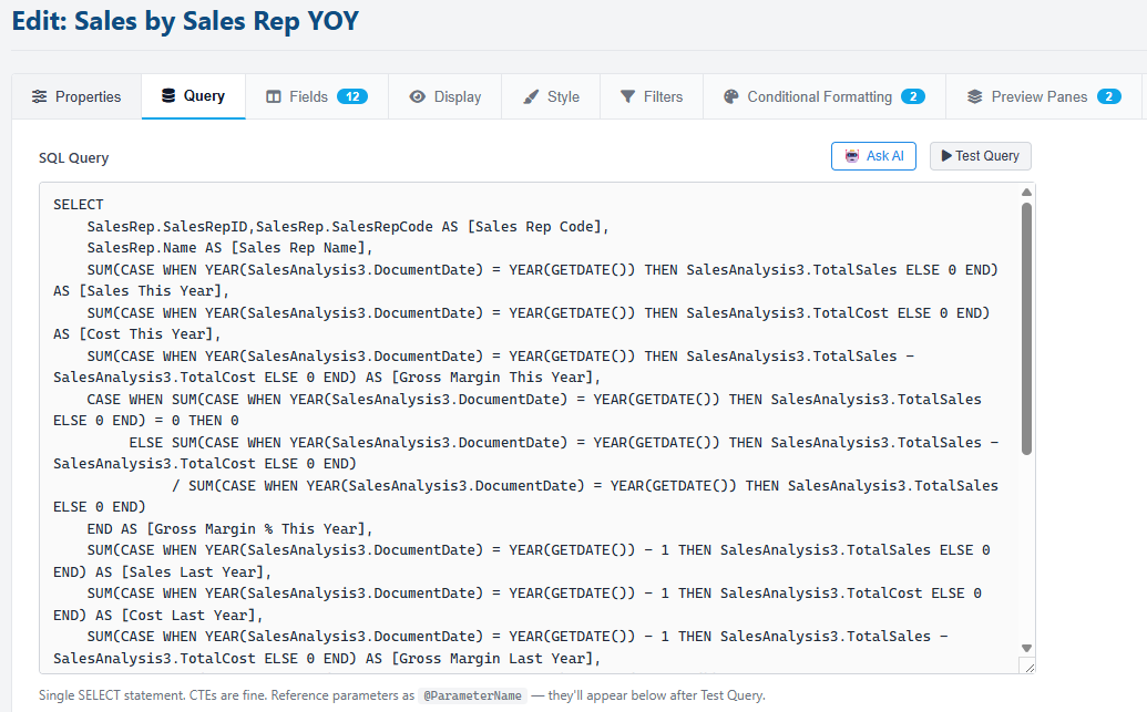 Grid designer Query tab with a SQL editor, Test button, and Ask AI panel showing a natural-language prompt about sales by sales rep