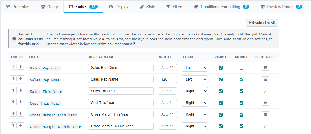 Grid designer Fields tab showing a list of fields with Display Name, Width, Format, Visible, Show on Mobile