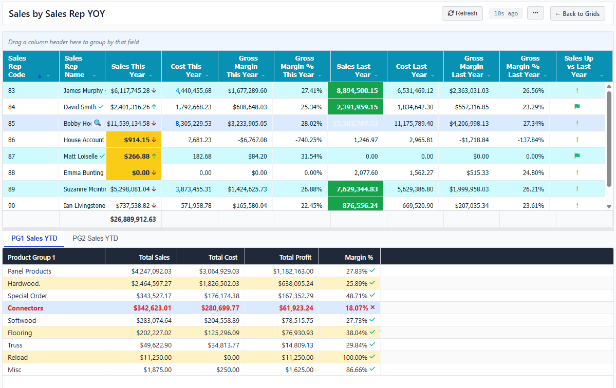 Grid viewer showing rows with magnifying-glass drill icons and a preview pane docked on the bottom showing sales detail for the selected row