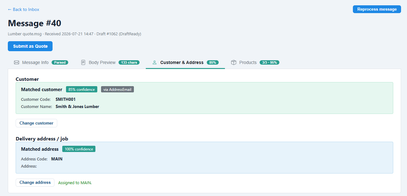 A draft showing the matched customer and delivery address with confidence badges