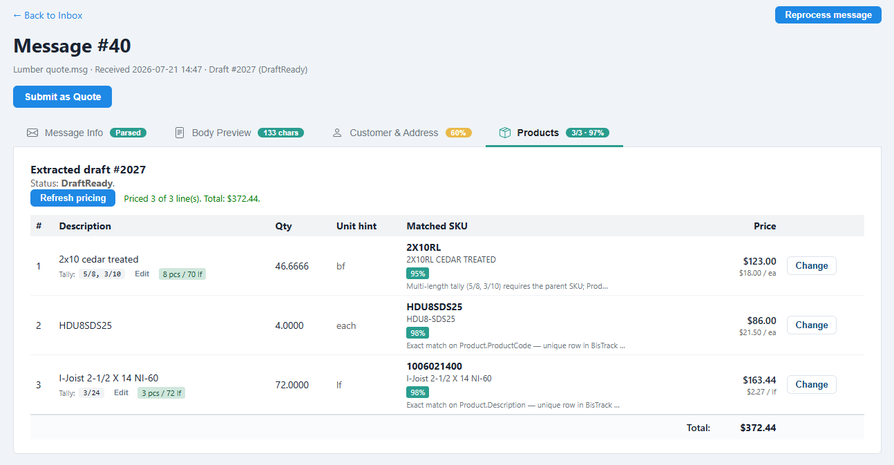 The line items table with matched SKUs, confidence badges and the AI’s reasoning