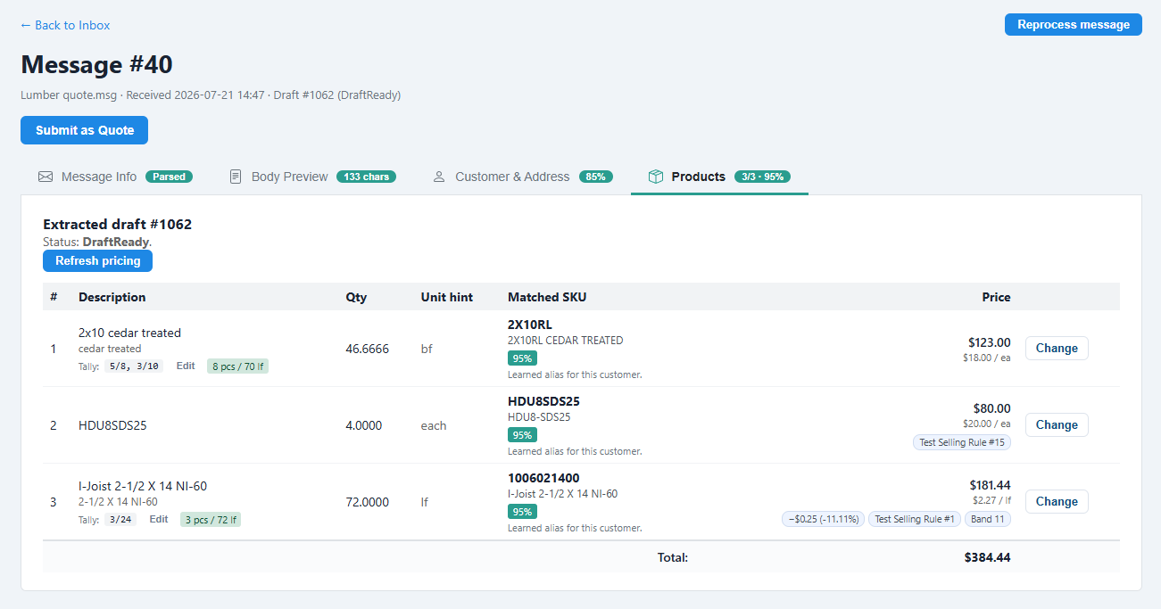 A draft under review, with the matched customer, address and priced line items