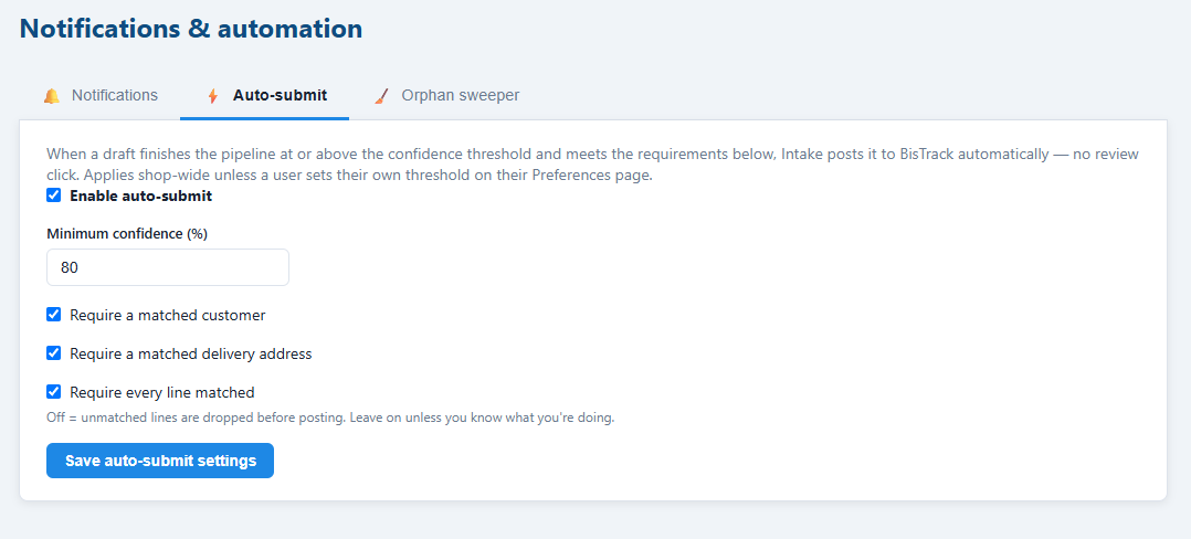 The auto-submit settings, off by default with a confidence threshold