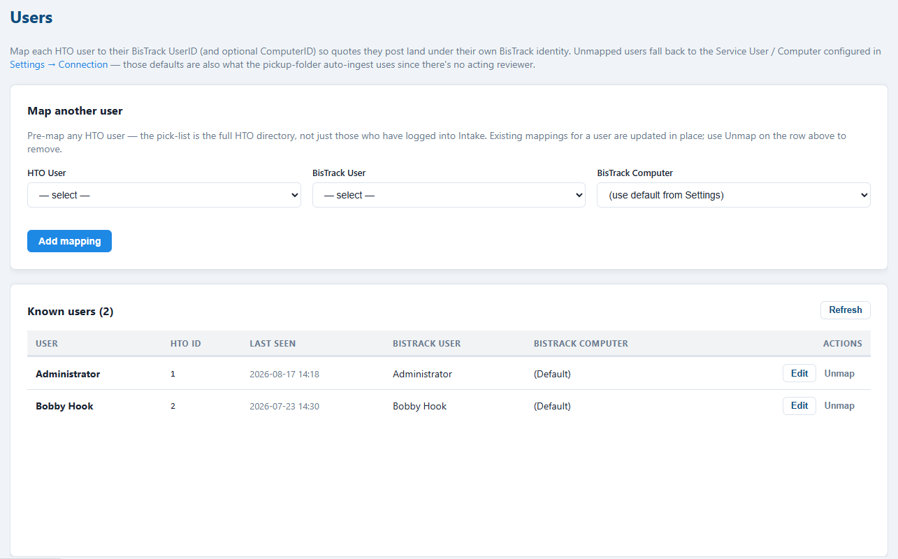 Admin → Users, mapping each reviewer to their BisTrack identity
