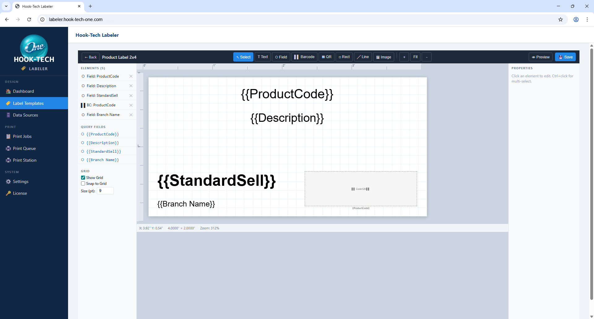 Labeler Template Designer — visual label layout with SQL data fields and barcode