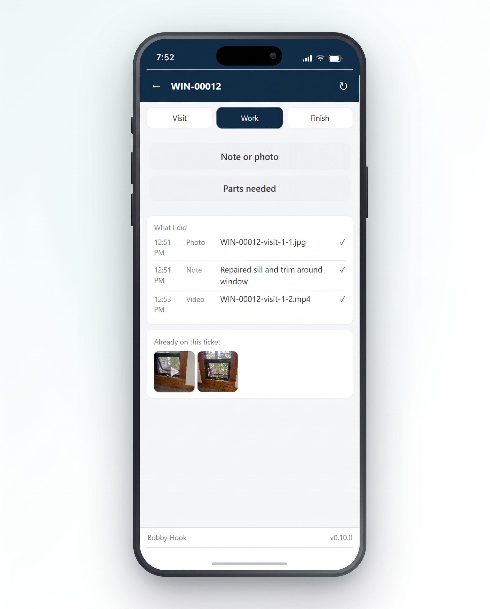 The field app's work tab, with the photograph strip, the account of what was done, and a recorded parts request