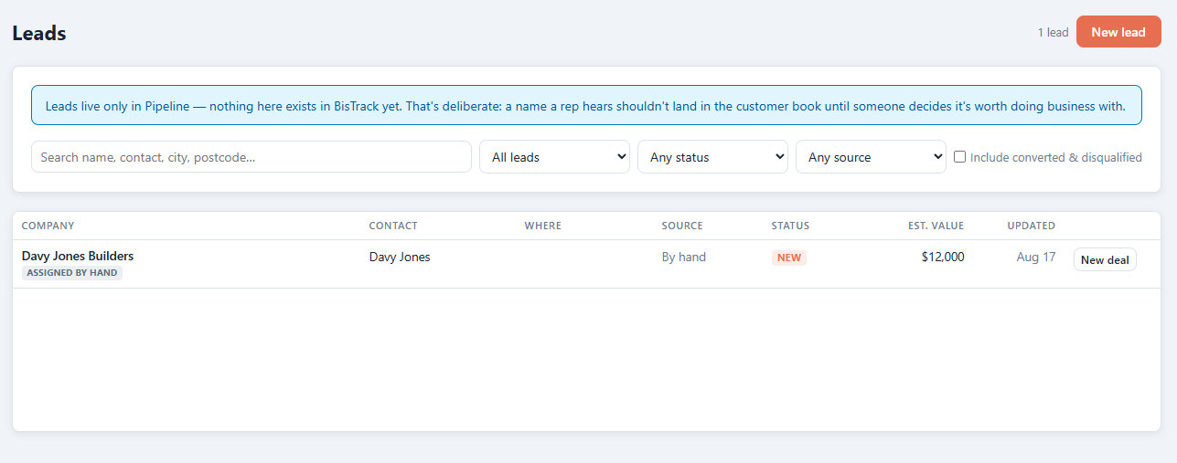 The Leads list, filtered by status and source, with the deal shortcut on each row