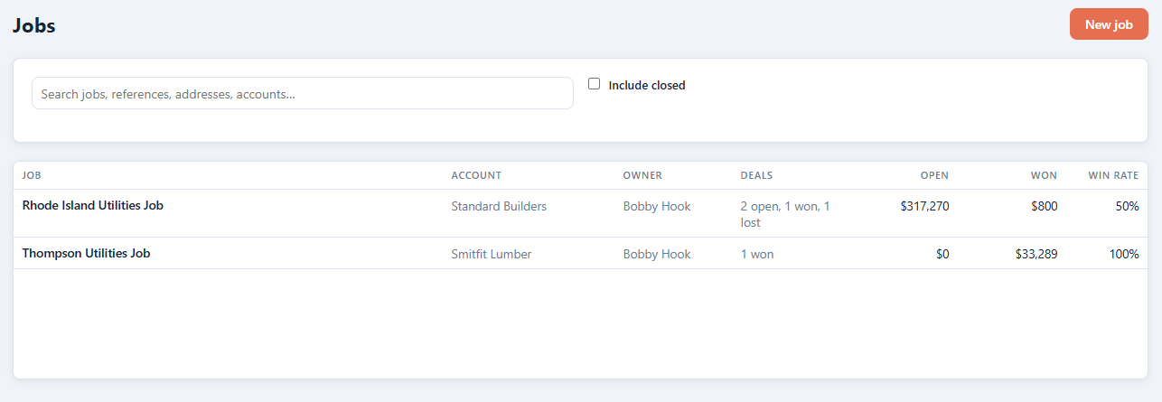 The Jobs list showing each build, its parts, open and won values and a win rate