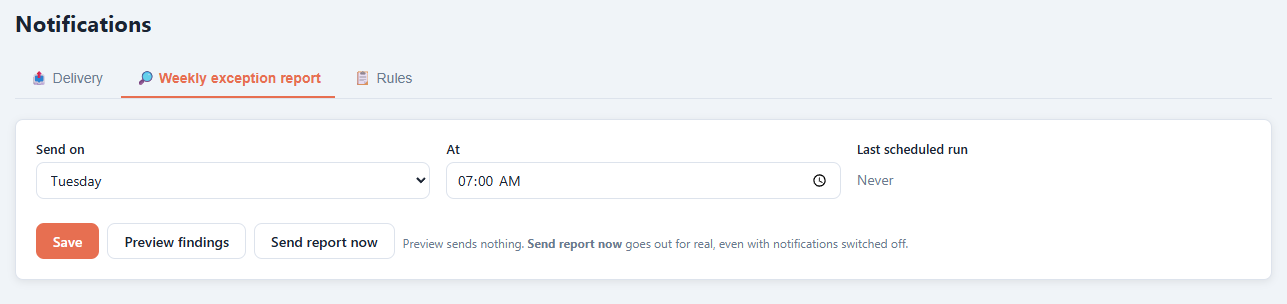 The weekly exception report settings, with a preview of what would be sent