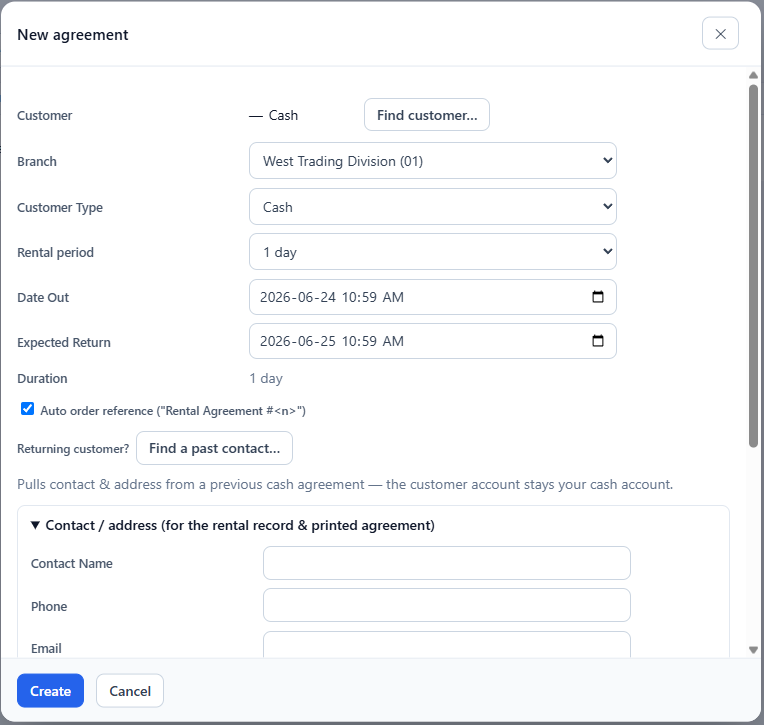 The new agreement editor with the BisTrack customer picker open