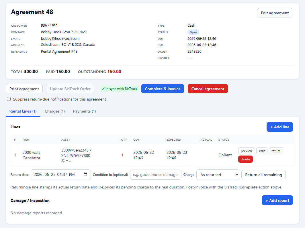 The agreement detail page showing lines, charges, payments and damage sections
