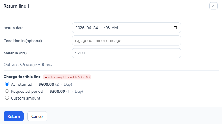 The return modal capturing date, meter-in reading and return charge mode