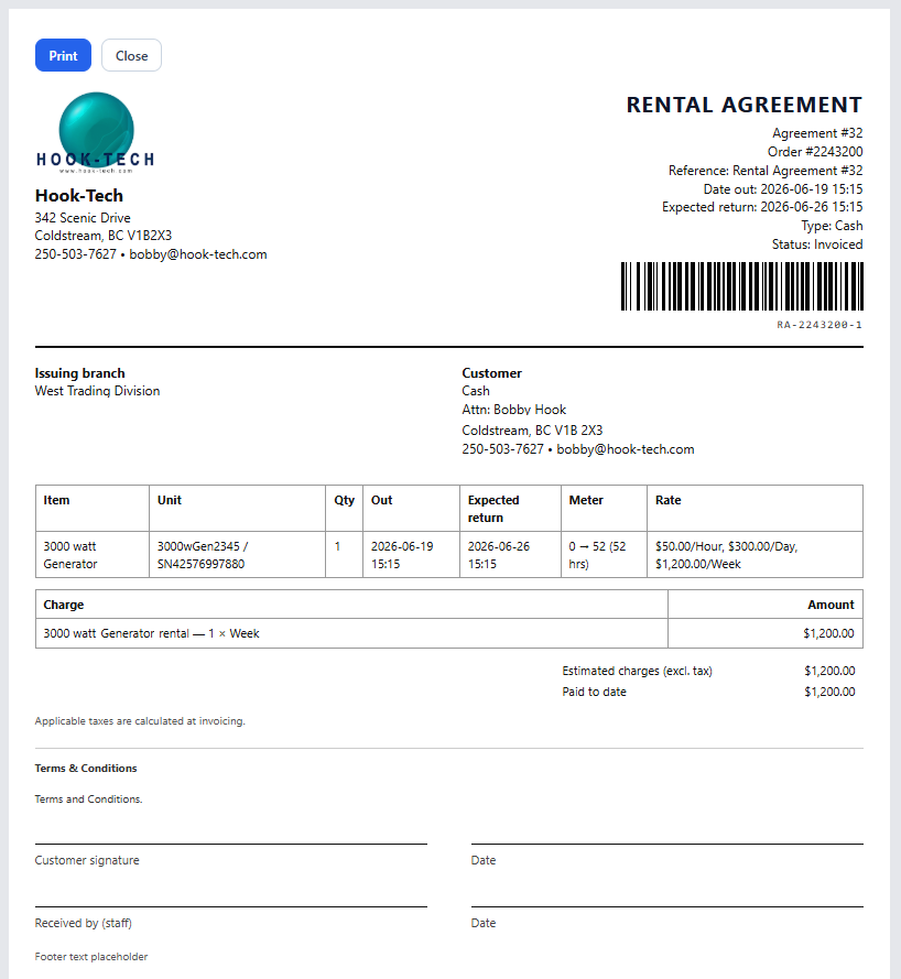 A printed rental agreement with company header, terms, signature lines and barcode