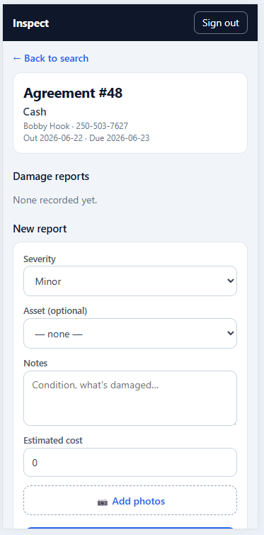The mobile Field flow capturing a damage report with photos